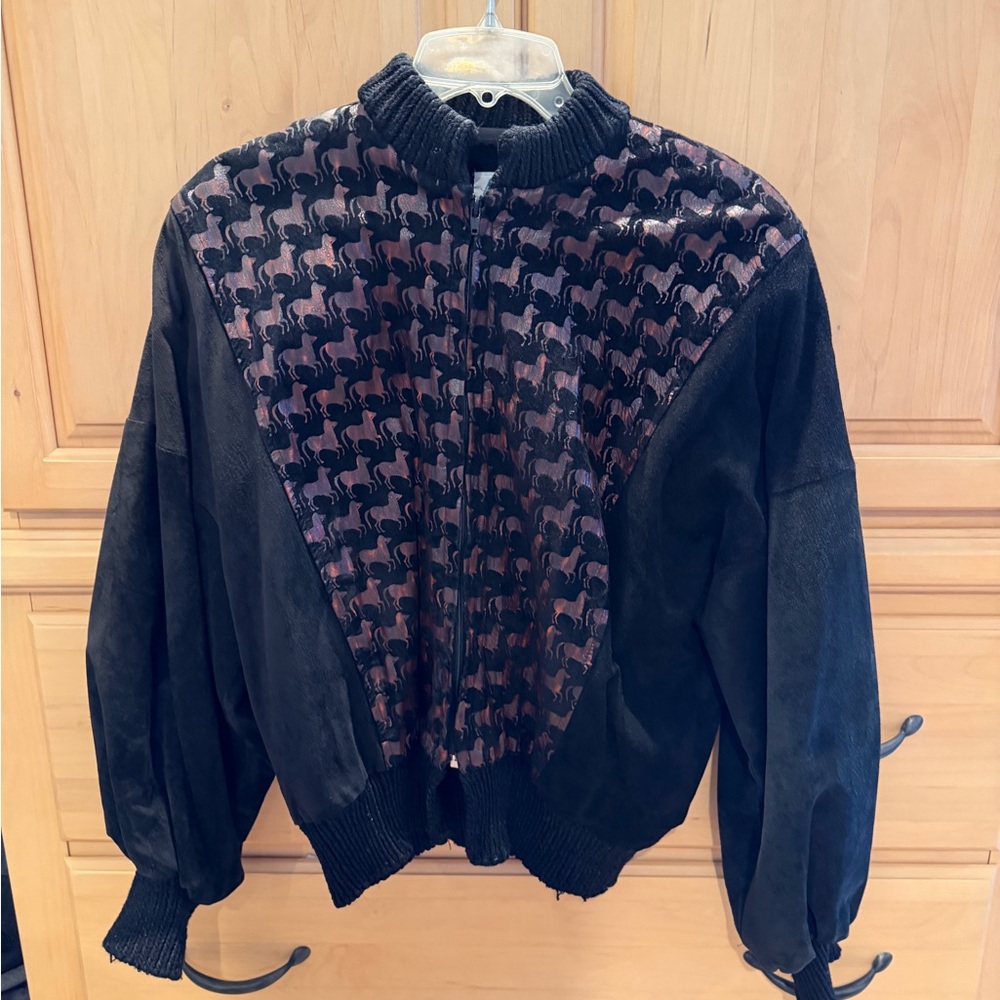 Augustina Leather Black Suede Horse Bomber Sweater Jacket Coat Women’s M